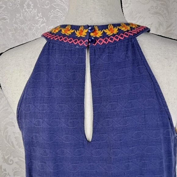 THML Size Medium Blue Cotton Halter Neck Shift Dress Embroidery Detail Boho - Picture 7 of 13